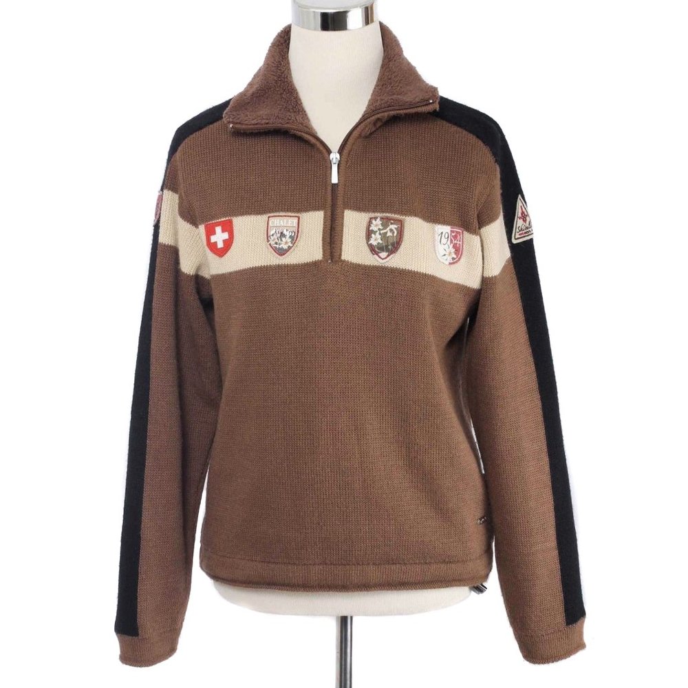 CAMPAGNOLO Brown Wool Blend Ski Theme Patches 1/4 Zip Sweater Vintage